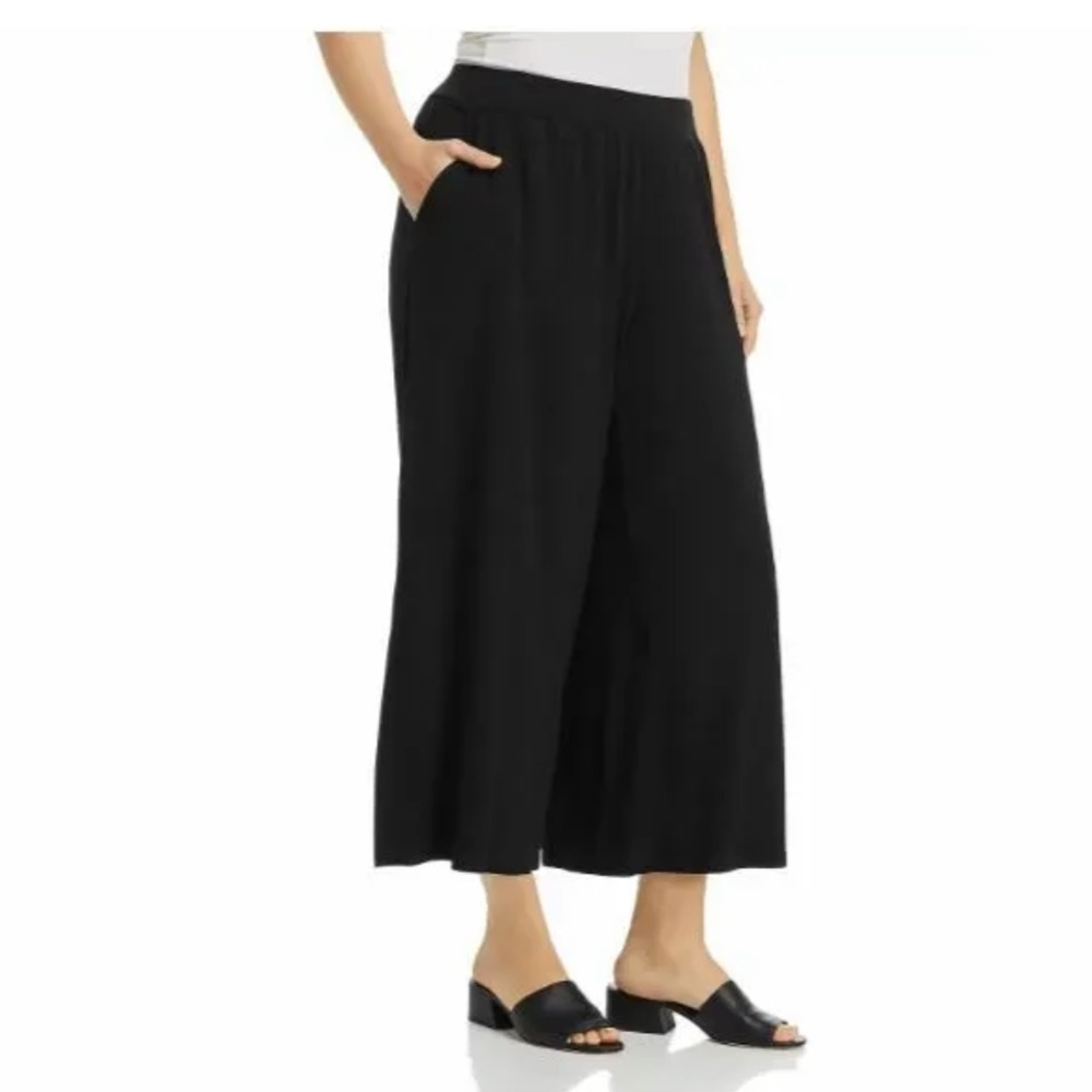 Eileen Fisher Washable Stretch Crepe Overlay Wide-Leg Cropped Pants Black Sz L